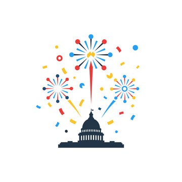 Silhouette of the US Capitol building with fireworks and confetti exploding above it.