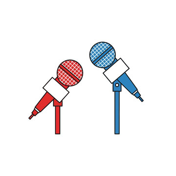 Two microphones, one red and one blue, are positioned on stands, ready for use in a broadcast or interview.