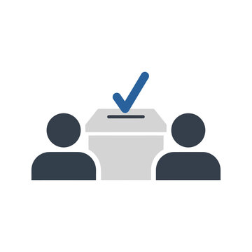 Two people stand beside a ballot box with a checkmark, symbolizing voting and democratic processes.
