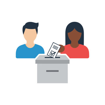Two people are shown casting their votes into a ballot box, participating in a democratic process.