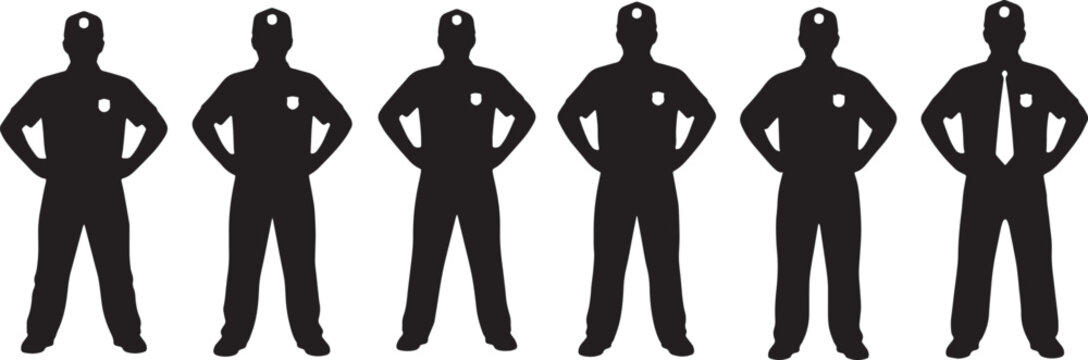 Black Solid Prison Wardens Hands Hips Silhouettes Set of Six on White Background