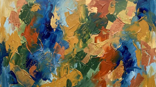 Abstract Expressionist Painting with Bold Swirls and Textures of Blue, Green, and Gold Hues, Capturing Dynamic Movement