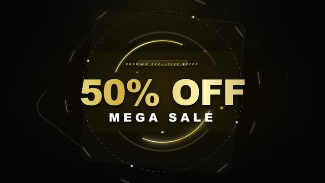 50 percent off mega sale motion graphic with elegant golden typography and glowing circular light elements on a premium black background for luxury retail promotions