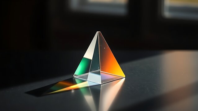 rockwell. Clear glass prism refracting rainbow light spectrum on dark surface. STEM education sheets, lab safety posters, designed for biotech research communications, used by data analysts.