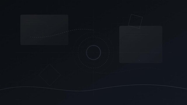 Minimalist HUD interface motion graphics with floating geometric shapes and dashed lines on dark background for tech presentation