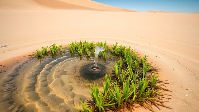 artesian. A desert artesian spring creating a pool surrounded by green reeds. ESG reports, sustainability campaigns, designed for environmental awareness campaigns, drives climate awareness.