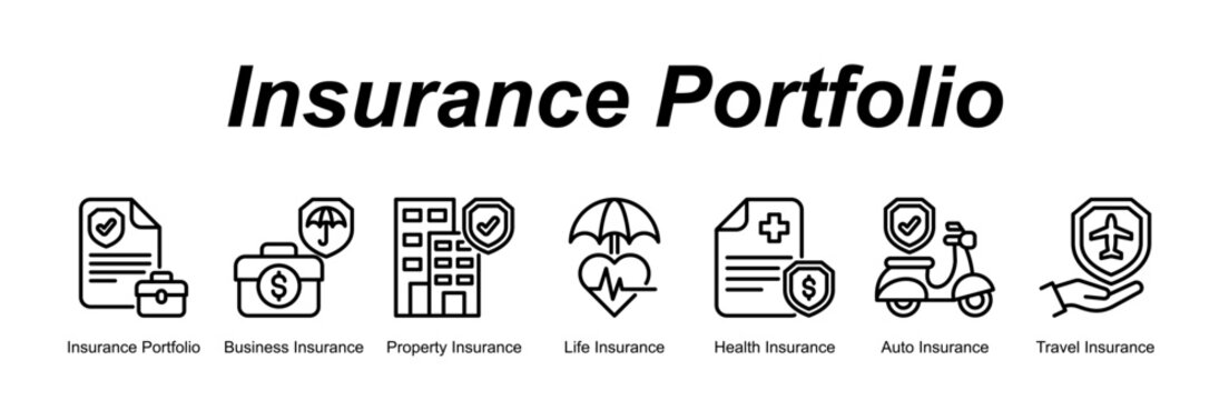 Insurance Portfolio web banner icon concept for with icon of Insurance Portfolio, Business Insurance, Property Insurance, Life Insurance, Health Insurance, Auto Insurance, Travel Insurance.