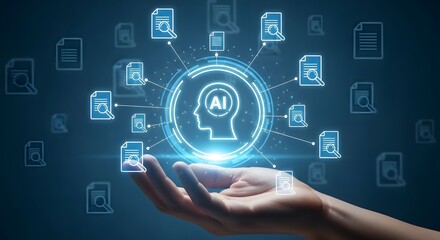 Fototapeta premium Artificial intelligence concept with human hand and documents