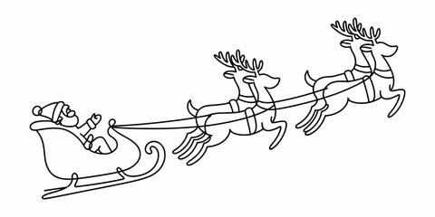 Santa claus riding a sleigh pulled by flying reindeer in a continuous single line drawing style © Pabon Art Gallery