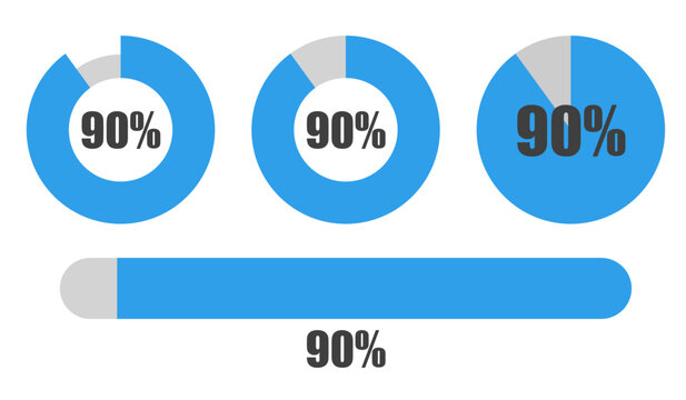 90％の円グラフとプログレスバーセット パーセンテージ表示アイコン素材90 Percent Chart and Progress Bar Set Circle Graph and UI Elements
