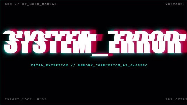 System error digital glitch text animation with chromatic aberration and fatal exception code on dark background