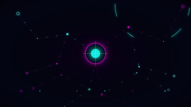 Abstract network connection nodes with glowing cyan center and purple rings, data points linked by lines, dark background, tech motion graphics