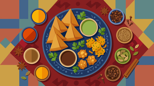 Samosas and pakoras served with chutneys and variety of spices