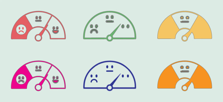 Customer satisfaction meter icons with emoji faces, colorful feedback gauge vector set, emotional rating scale for business surveys and reviews