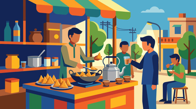 Street food vendor selling samosas and chai to customers outdoors