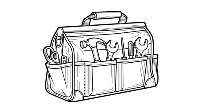 A tool bag filled with various tools is open on a surface.