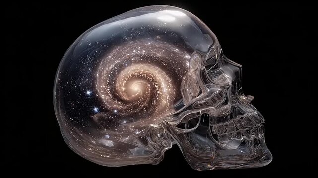 Glass skull with swirling galaxy inside, cosmic theme