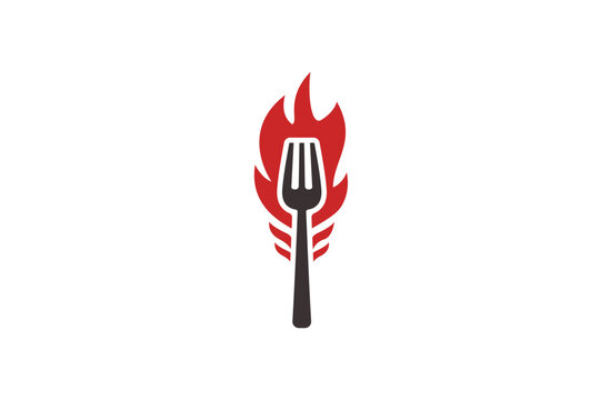 Fork with hot flame fire logo icon for cooking and restaurant business branding identity design