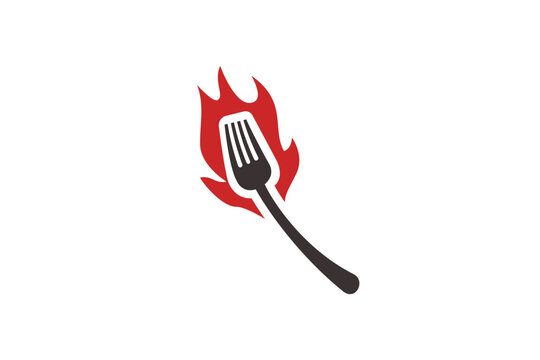 Kitchen Fork with burning fire flame icon logo template for spicy restaurant branding identity design