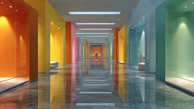 Architectural corridor with colored walls glass panels and sleek lighting futuristic design artful spatial composition and modern interior visualization in creative illustration