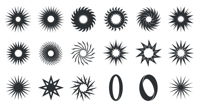 Large collection of eighteen distinct black starburst and gear like graphic shapes for versatile use in modern design projects.
