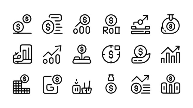 Collection of black line art icons representing financial growth investment strategies and economic analysis showcasing coins charts graphs and data visualization for business