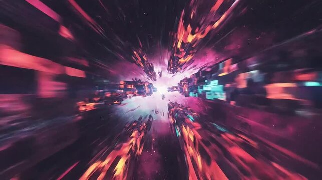 Abstract digital hyperspace tunnel with neon lights and motion blur