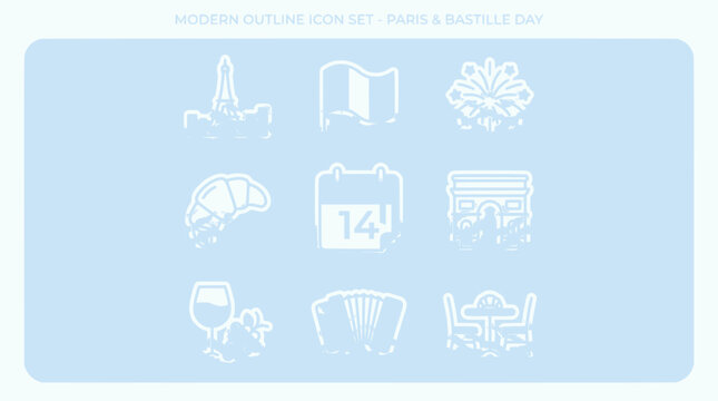 Paris Bastille Day Icon Set: Eiffel Tower, Flag, Fireworks, Croissant, Calendar, Arc de Triomphe