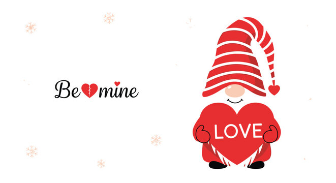 Cute Valentine gnome character holding a big red heart with love text and be mine message for romantic holiday celebrations.