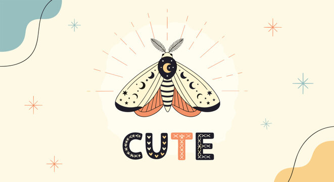 Decorative moth illustration with celestial symbols and stars accompanied by cute text in a boho style for nursery decor.