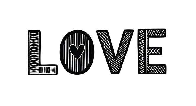 Word love written in a decorative font with various patterns and a heart symbol inside the letter O for romantic designs.
