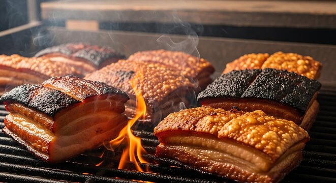 Fresh pork belly slices with crispy skin grilling on a hot metal barbecue grate with bright flames. boczek grill