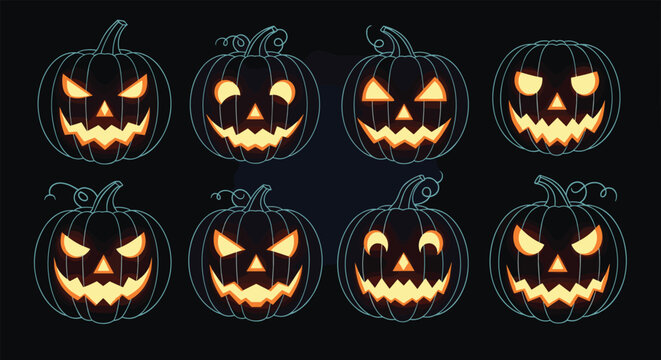 Set of eight glowing jack-o-lanterns with various scary expressions is displayed against a dark background for festive Halloween celebrations.