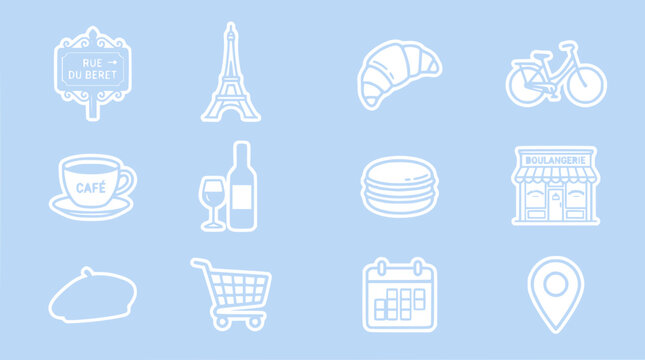 Parisian Icons: Eiffel Tower, Croissant, Cafe, Wine, Beret, Bicycle, Shopping