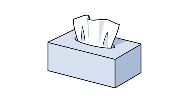 Simple illustration of a light blue tissue box with soft white facial tissues popping out from the top opening on a white background.