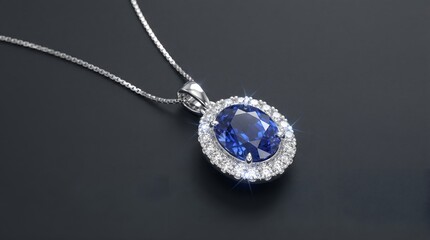 Fototapeta premium Oval sapphire pendant necklace with diamond halo and silver chain