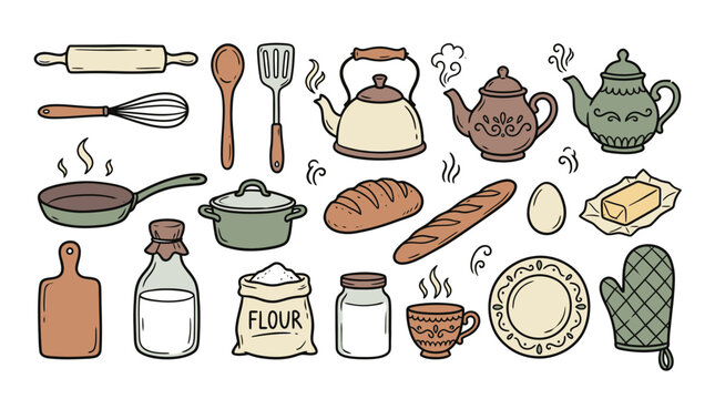 Colorful kitchen utensils and baking ingredients arranged neatly on a flat surface for cooking and baking activities.