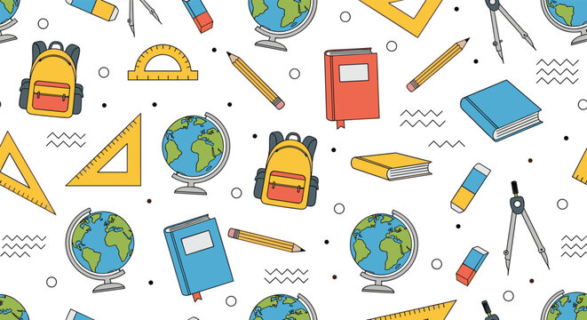 Seamless pattern of school supplies including backpacks and globes as well as pencils plus books and geometric tools on white.