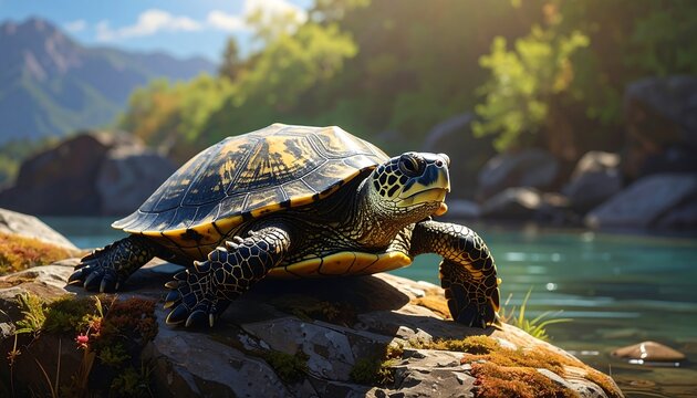 A serene image features a tortoise basking on a mossy rock near a tranquil body of water, with mountains in the background