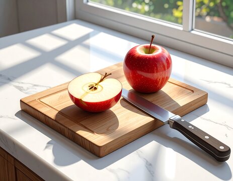 Fresh red apple and a half on a wooden cutting board by a sunny window