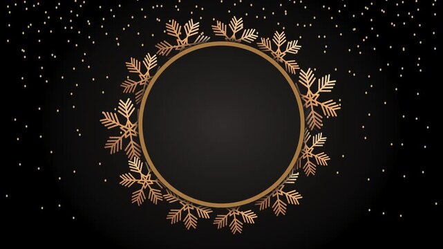 Elegant animated gold snowflakes forming a circle around black copy space with falling gold glitter effect.