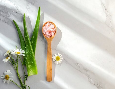 Pink Himalayan bath salt in a wooden spoon with aloe vera and chamomile flowers on light background