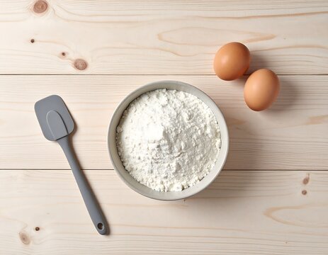 Baking ingredients with flour in a bowl and fresh eggs on wooden table