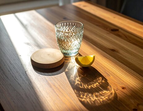 Empty crystal glass with lemon slice on wooden table with dramatic shadows