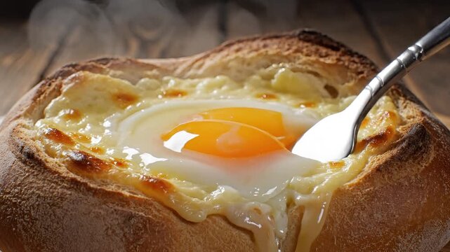 Delicious Khachapuri Adjaruli with Egg and Cheese Being Mixed with Fork.
