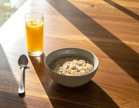 Healthy morning breakfast with oatmeal and orange juice on a wooden table