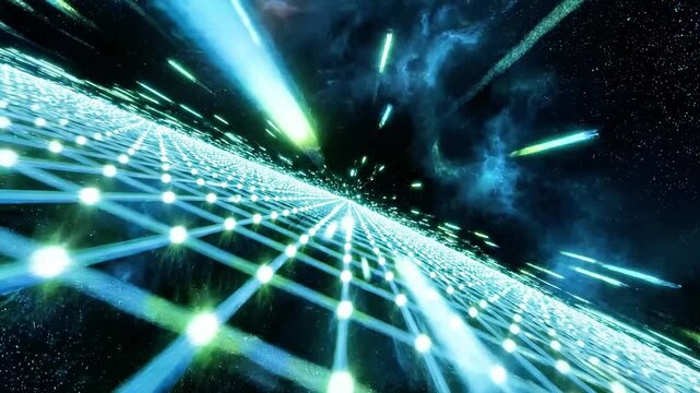 A futuristic network of glowing blue lines and dots radiating from a vanishing point against a starry night sky