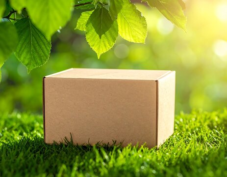 Eco friendly cardboard box on green grass with sunlit leaves