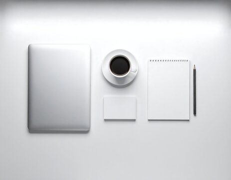 Minimalist office desk flat lay with laptop coffee and blank notebook