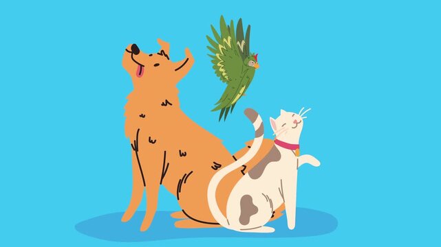 Cute animated pets group featuring dog cat and flying parrot on blue background in flat style motion graphics clip.